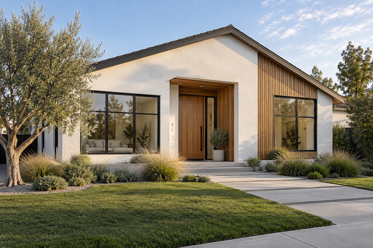 Illustrative contemporary home with a white facade, wood accents, and a landscaped front garden